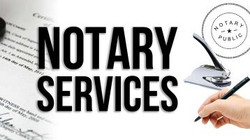 Hand with a pen and notary seal with text "notary services"