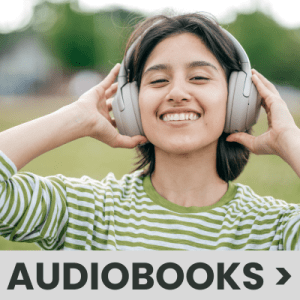 person wearing headphones with text "audiobooks"