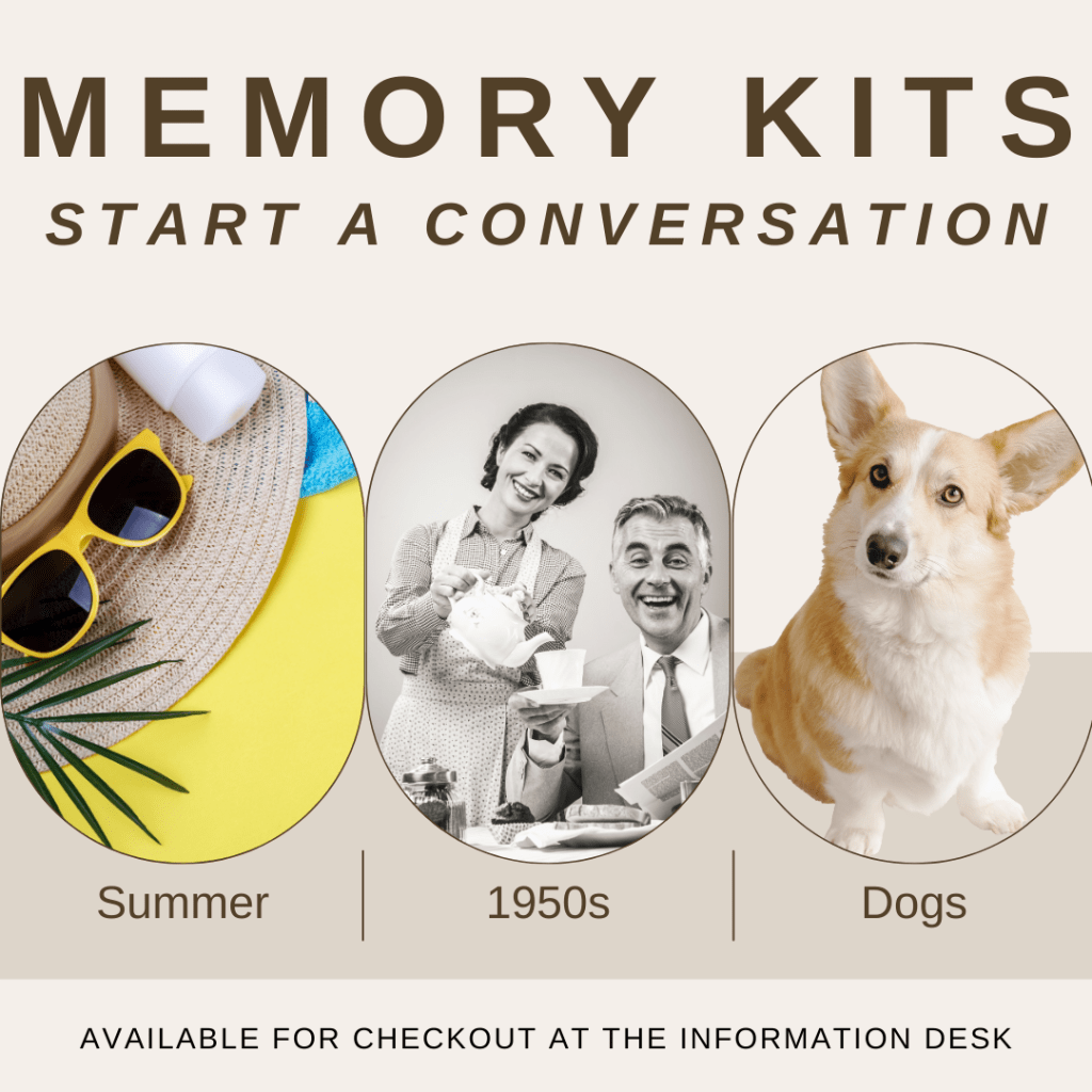 Images of a 1950s couple, a corgi, and summer items accompany text "memory kits: start a conversation"