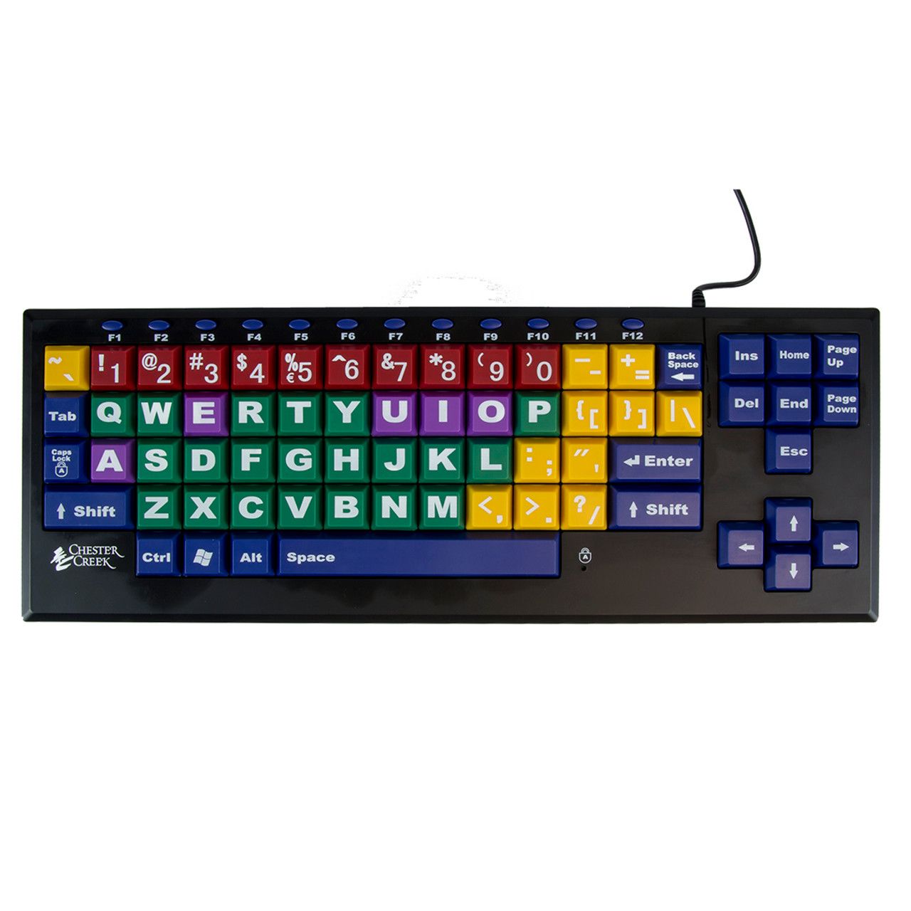 High contrast keyboard with large letters and color coded keys