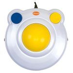 Circular mouse with large yellow roller in the middle and two large buttons on top