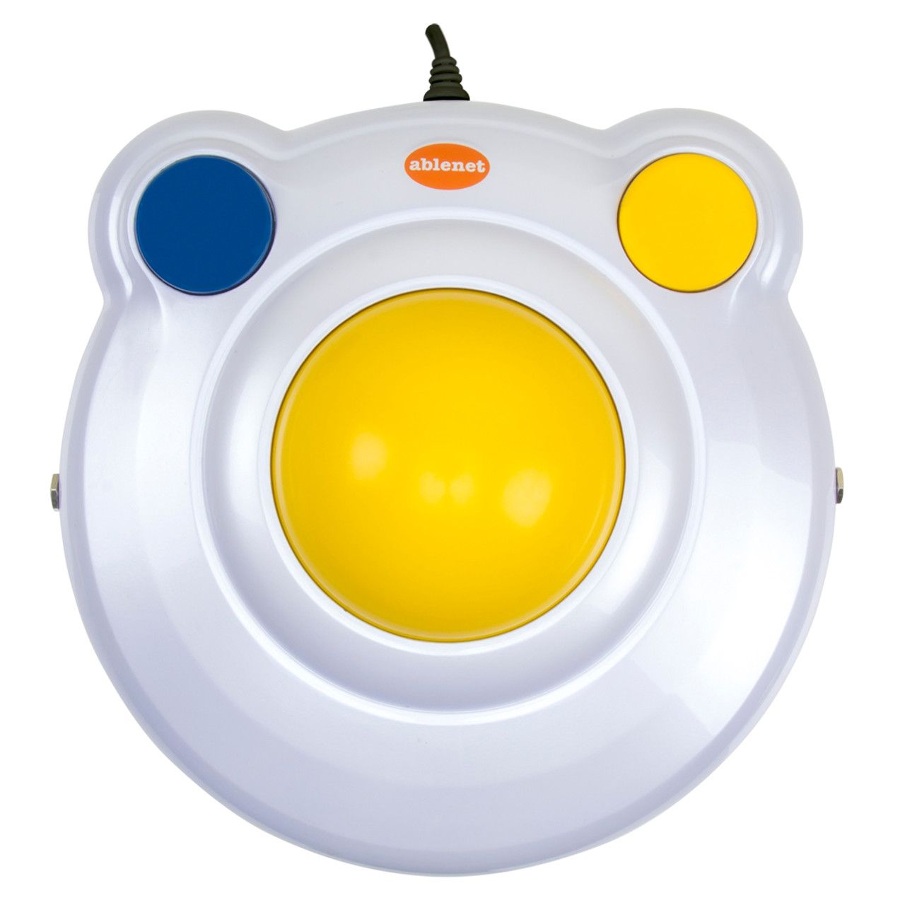 Circular mouse with large yellow roller in the middle and large buttons on top