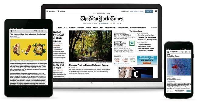 Tablet, laptop, and mobile phone showing the New York Times on every screen