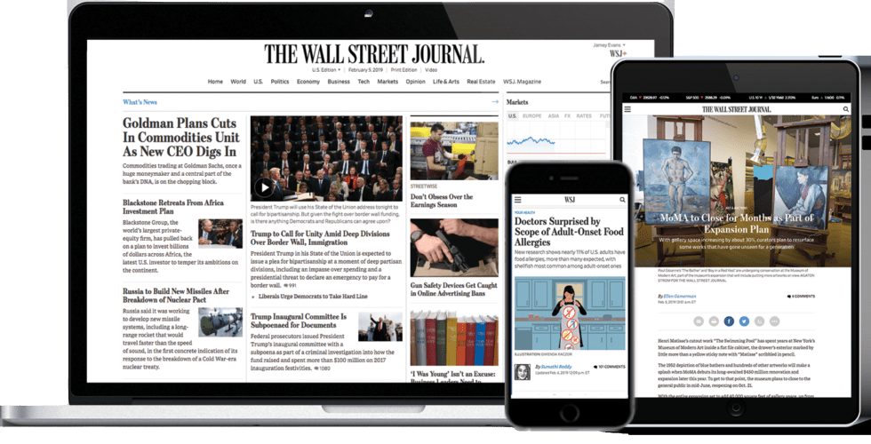 Laptop, smartphone, and tablet with screens displaying The Wall Street Journal website