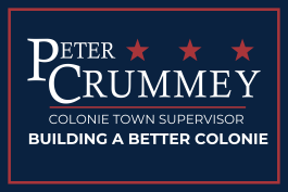 Text "Peter Crummey, Colonie Town Supervisor. Building a better Colonie" on a blue background