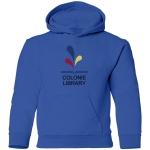 Blue hooded sweatshirt with Colonie Library Logo on front