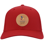 Red baseball hat with brown leather circle of Colonie Library logo