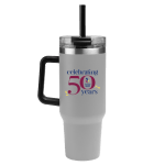 Gray metal tumbler with stray and handle