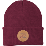 Maroon knit winter heat with brown leather circle of Colonie Libary logo
