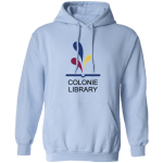 light blue hoodie sweatshirt with the Colonie Library logo