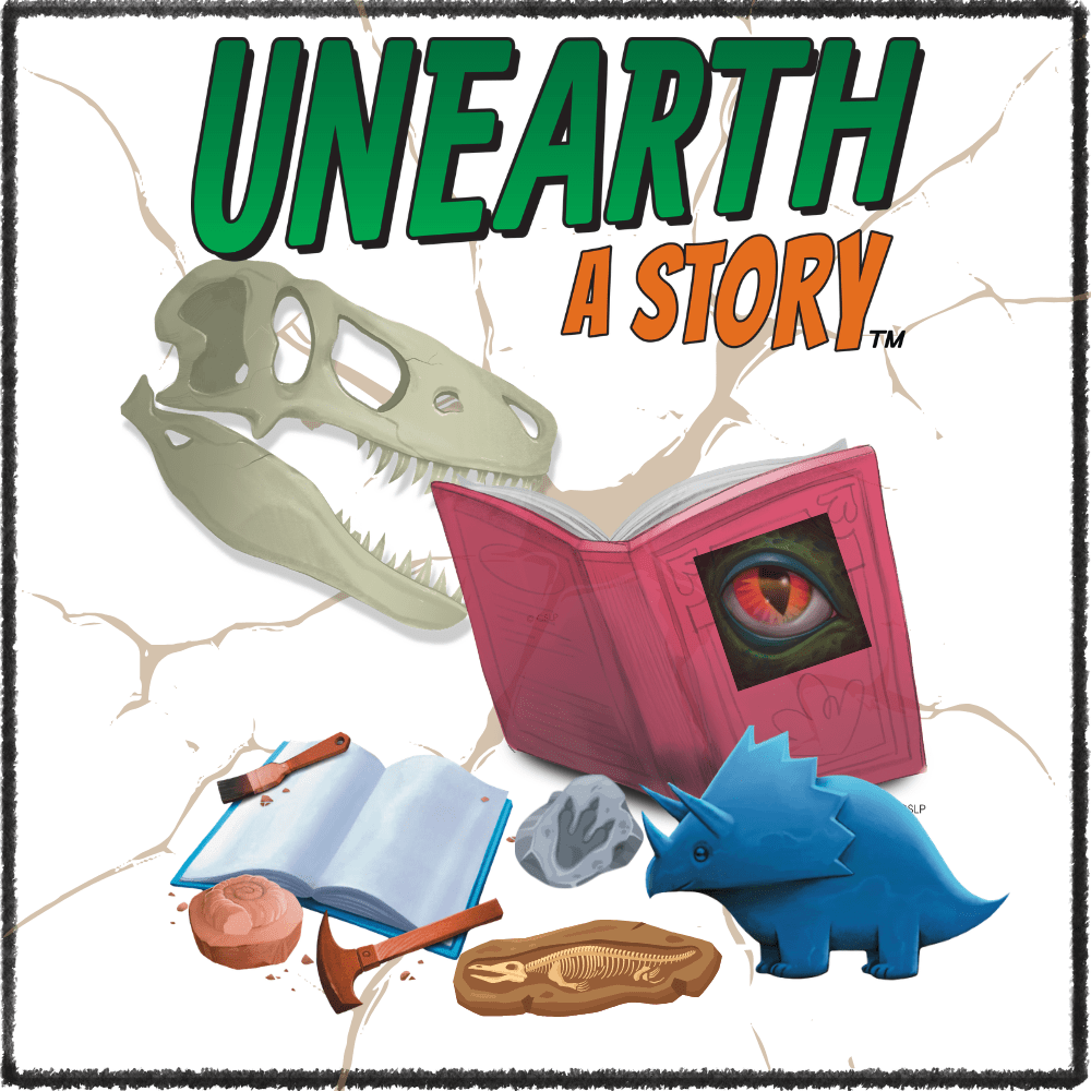 Unearth a Story logo with books and dinosaurs