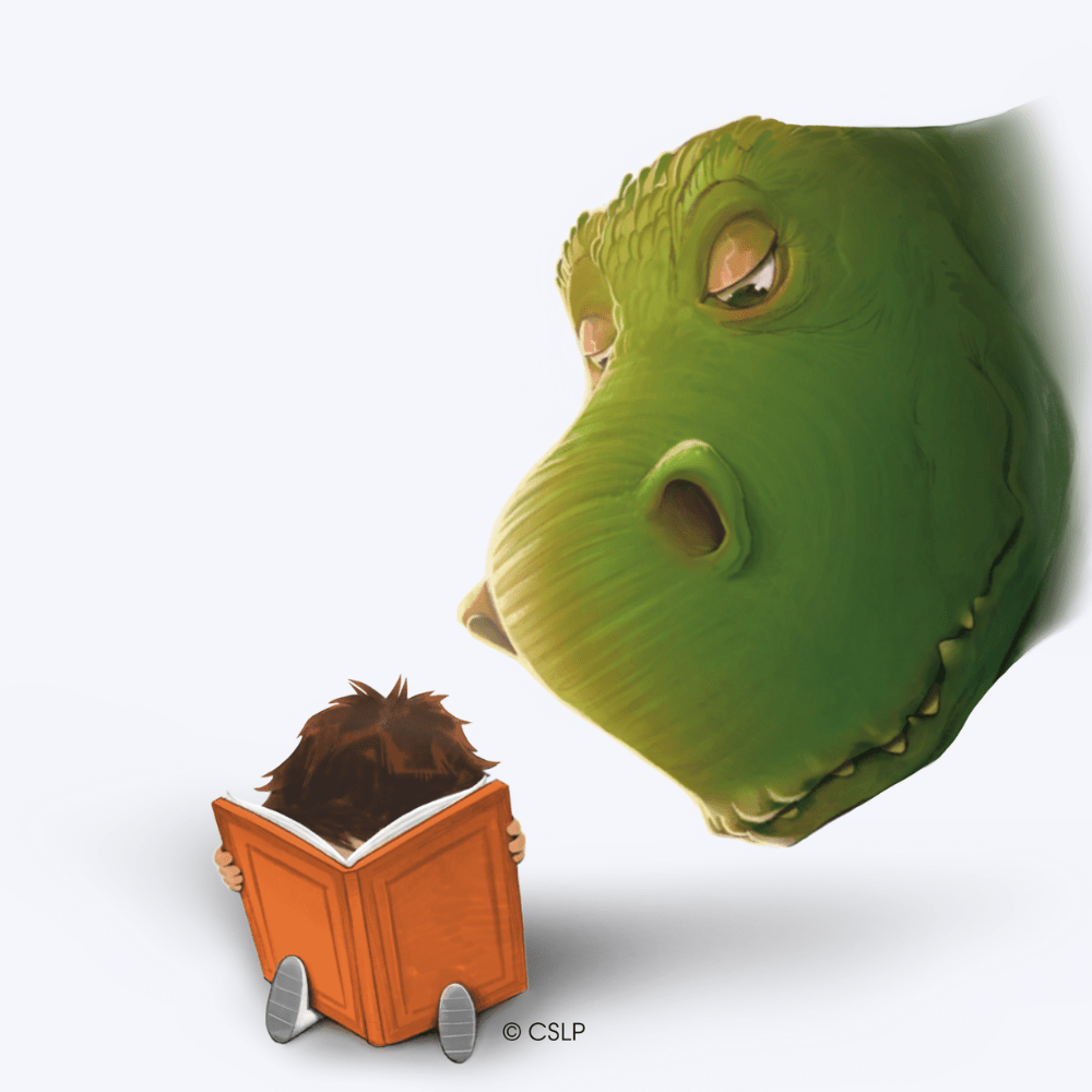 small child reading a large book with a giant dinosaur head looking over his shoulder