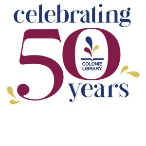 Colonie Library logo with additional text "celebrating 50 years"