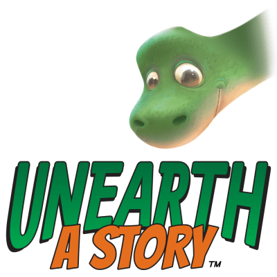 Dinosaur and decorative text Unearth a Story