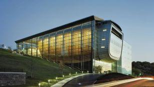 Shot of EMPAC from a distance at dusk