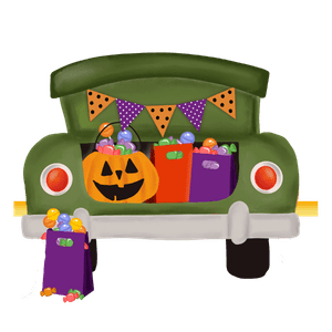 Car trunk opened with jack-o-lantern and bags of candy inside, and bag of candy outside of car