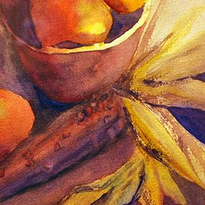 Painting of dried corn cobs and husks, wooden bowl of brown apples or pears