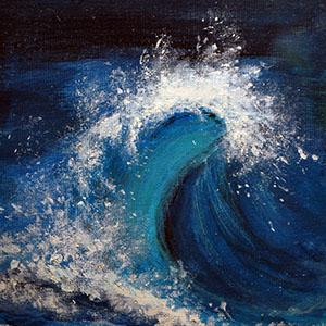 Painting of a side view of a large curling ocean wave