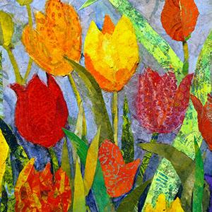 Collage of orange, red and yellow tulips with leaves