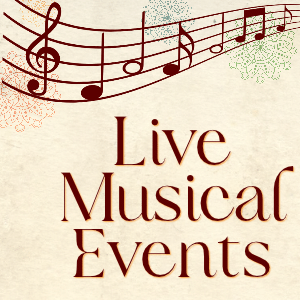 text "Live Musical Events" with wavy line of music notes