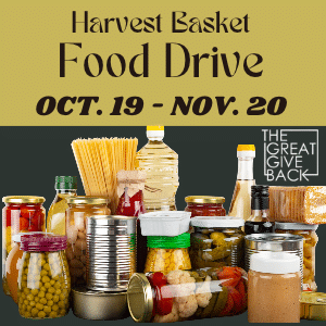 Nonperishable food items; text "Harvest Basket Food Drive Oct. 19 - Nov. 20"